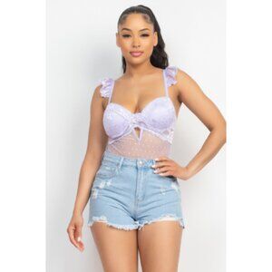Lavender Cut-out Cami Ruffled Sleeveless Lingerie See Through Mesh Bodysuit